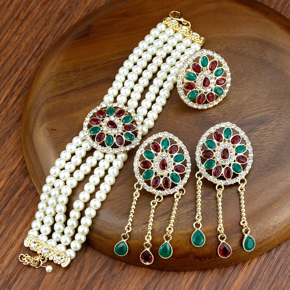 Sunspicems 2021 Morocco Beads Pearl Jewelry Sets Charm Bracelet Drop Earring Rainbow Ring Gold Color Women Wedding Bijoux Gift