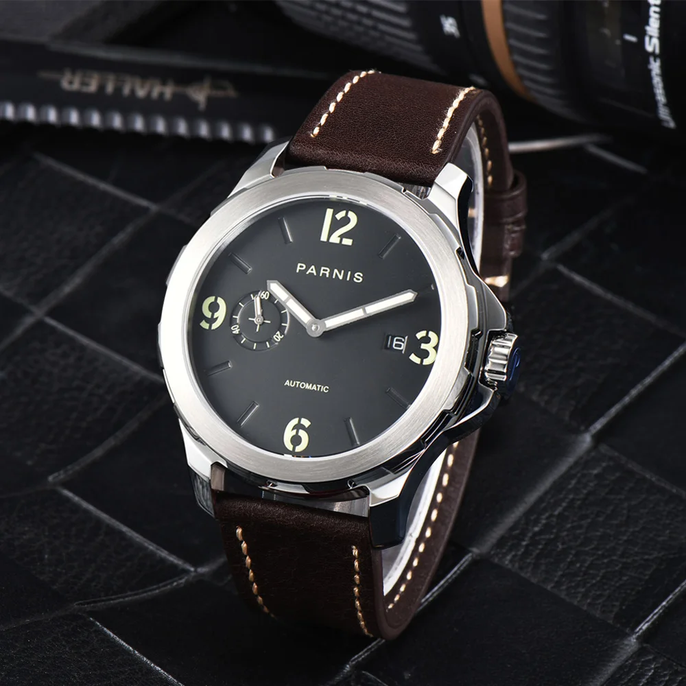 New Arrival Luxury Brand Mechanical Watches Parnis 44mm Casual Automatic Watch Men Sapphire 5Bar Leather Luminous reloj hombre