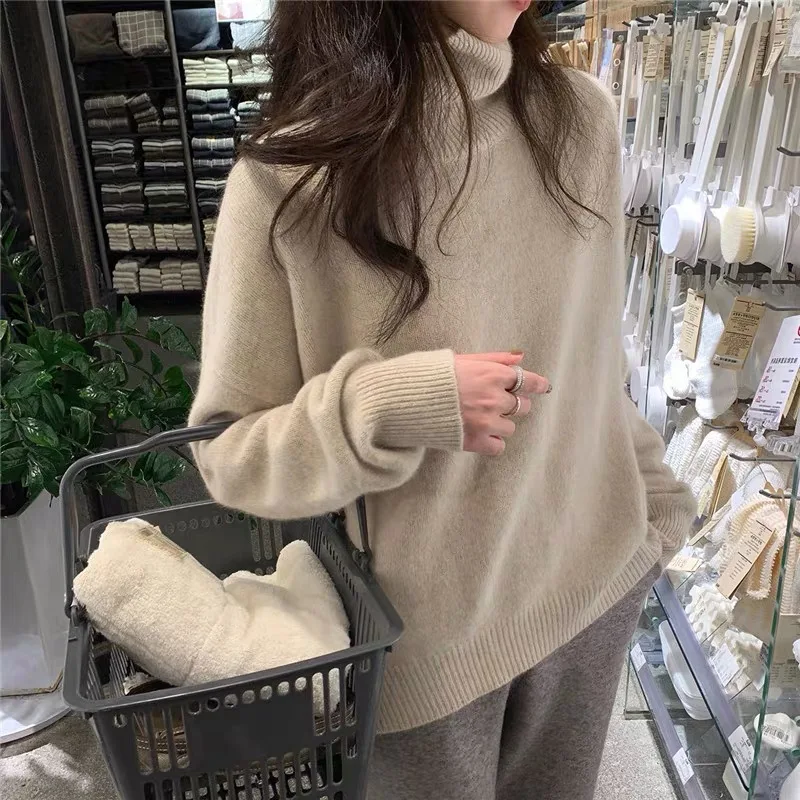 Turtleneck cashmere sweater female autumn winter new languorous lazy wind loose knitting sweater Korean edition outside wear thi