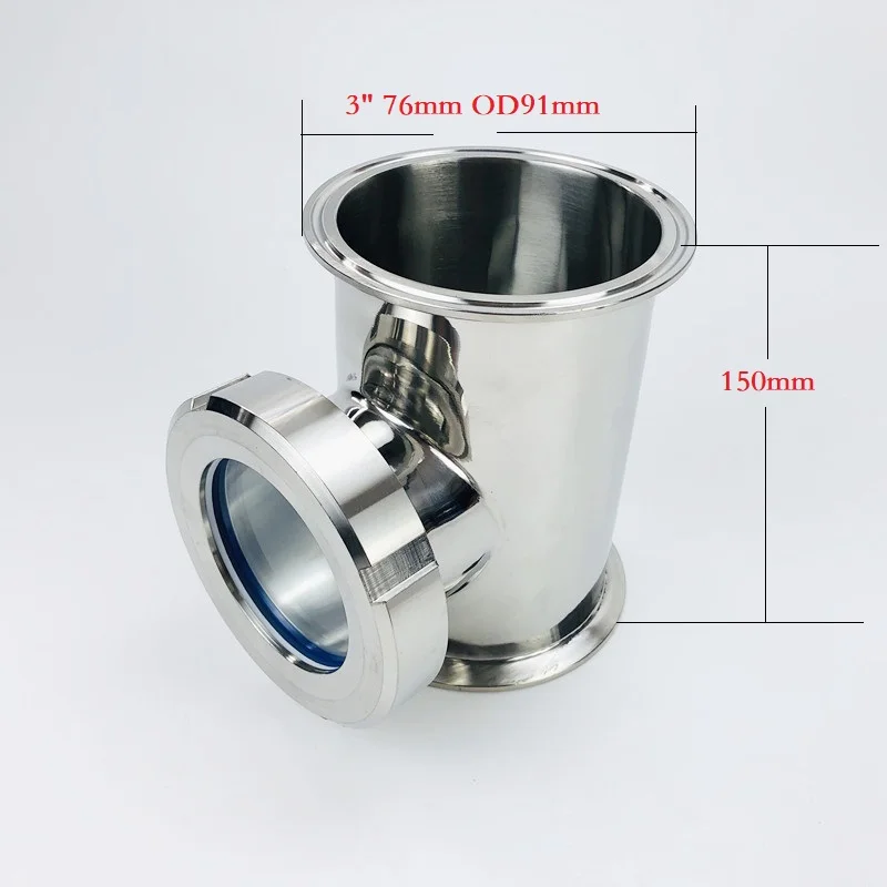 

3" 76mm OD91mm Sight Glass Union Tri-Clamp Tee 3"*3"*2"Distillation Lens Column For HomeBrewing Stainless Steel304 Length 150mm