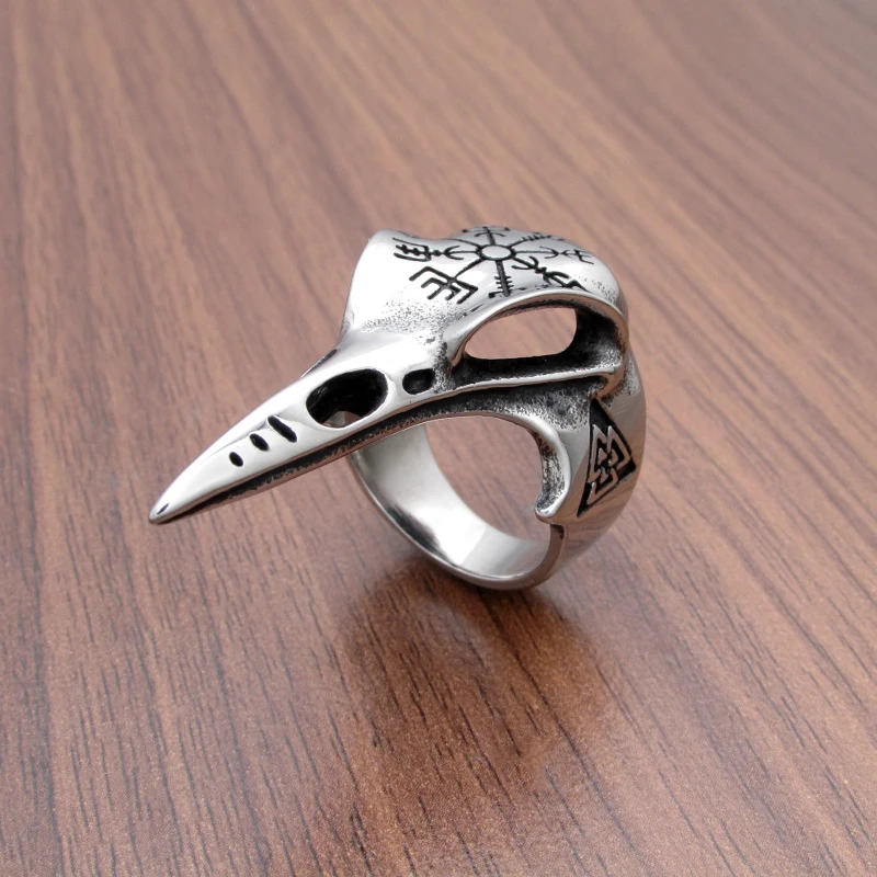 Punk 316L Stainless Steel Men‘s Viking Norse Mythology Odin Crow Raven Ring Nordic Amulet Compass Jewelry Gifts