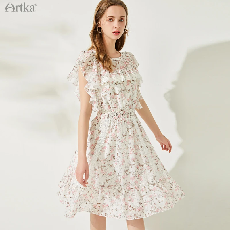 ARTKA 2021 Summer New Women Dress Elegant Floral Lace Ruffle Flying Sleeve Dresses Elastic Waist Chiffon Midi Dress LA25615X