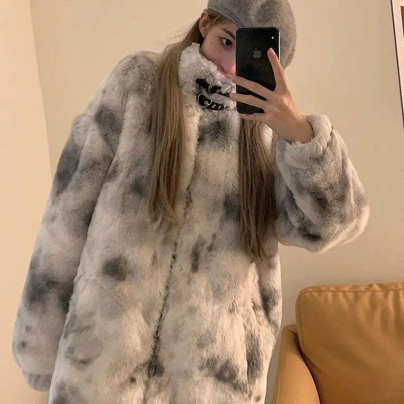 Streetwear Tie-Dye Faux Fur Jacket 2021 Winter Thick Cotton Liner Plush Warm Coat Korean Harajuku Fashion Women Clothing Jackets