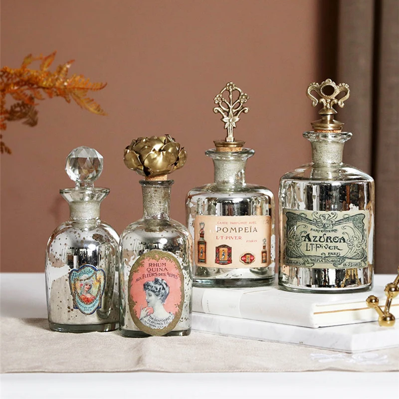 Nostalgic Perfume Bottle Handmade Silver Glass Brass Cap Retro Essential Oil Storage Container Glass Bottle Creative Ornaments