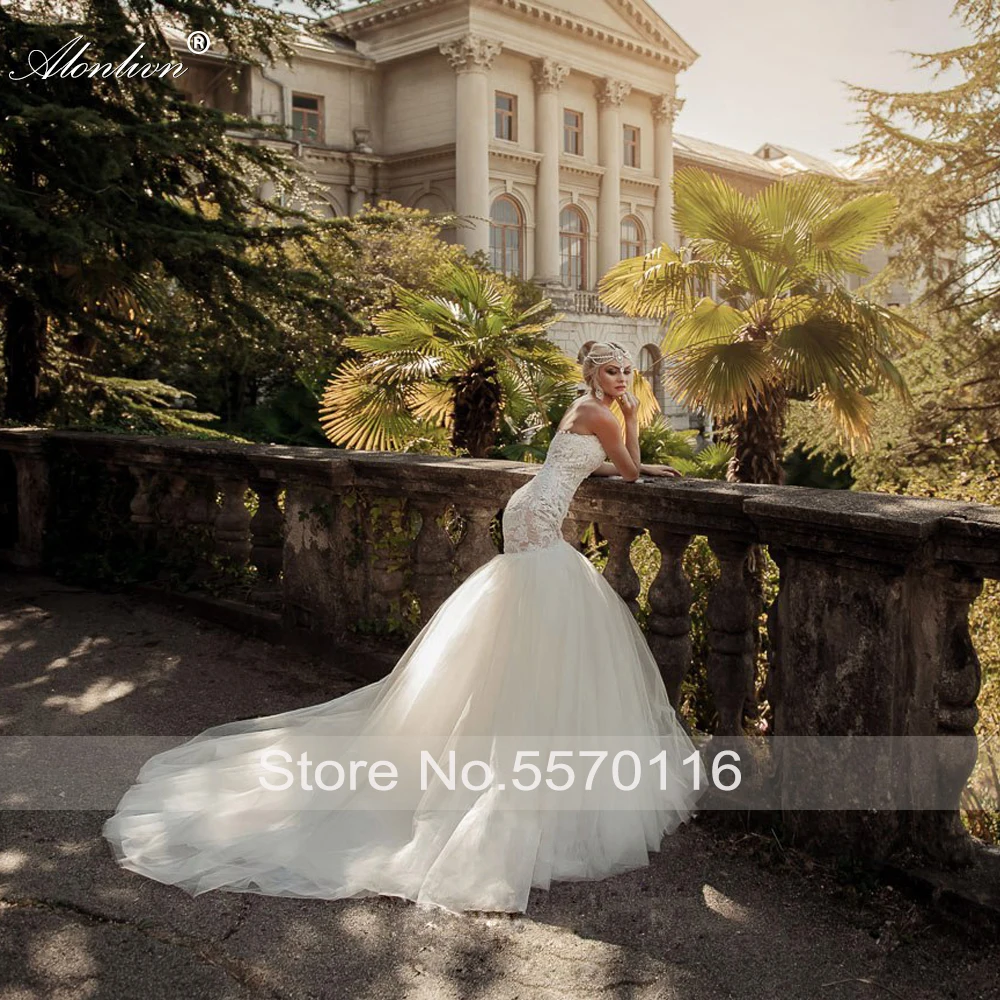 Alonlivn encantador apliques de Organza sedoso 2020 último vestido de novia de sirena cariño fuera del hombro faldas de novia con cordones