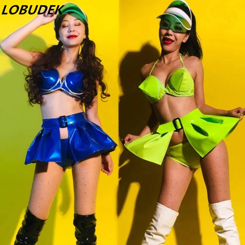 

(Bikini+Skirt) 3-Pieces Stage Outfit Sexy Women Dance Team Jazz Dance Costume Bar Nightclub DJ Singer Party Performance Clothes