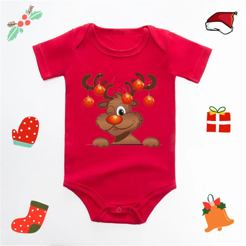 Baby\'s Merry Christmas Santa Bodysuit Cute New Year Clothes for Boy and Girl Red Jumpsuit Infant Short Sleeve Playsuit Outfit