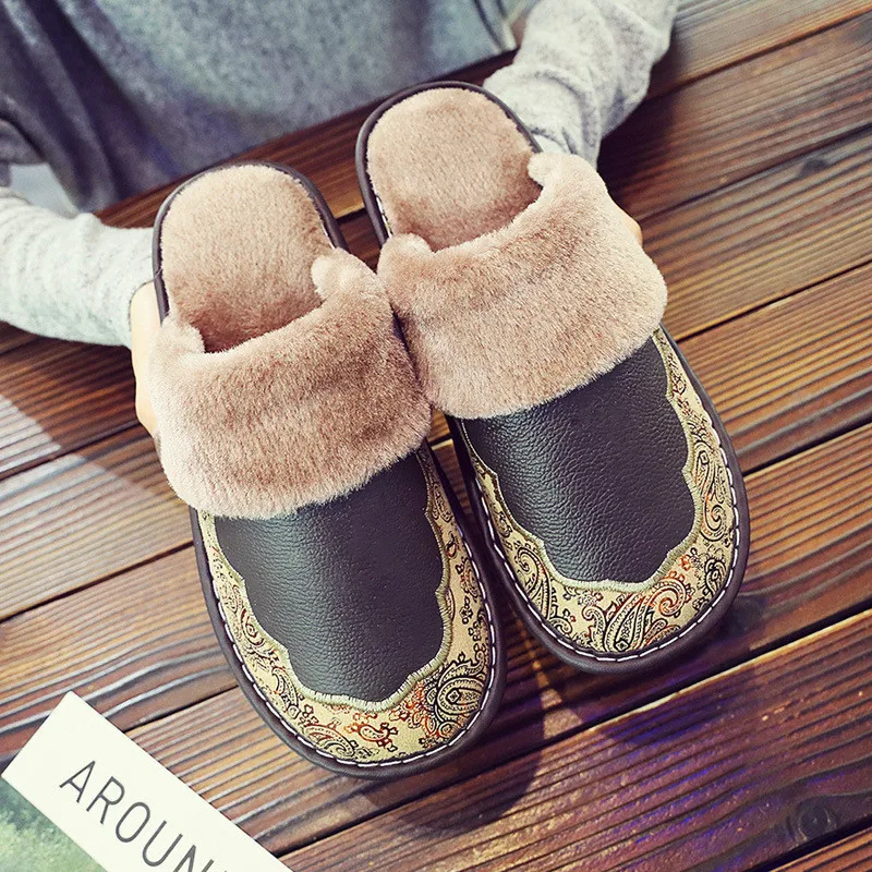 Men Winter Cotton Indoor Slippers Male Home Soft Plush Slipper Simple House Slippers Men Floral Print Non-slip Slipper Shoes