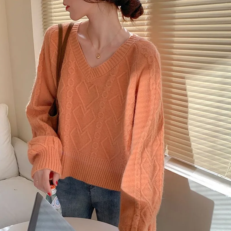 Crop Sweaters Women Ins Lovely Candy Color Japanese Fashion Basic Ladies Pullovers Vintage Solid V-neck All-match Womens Sweater