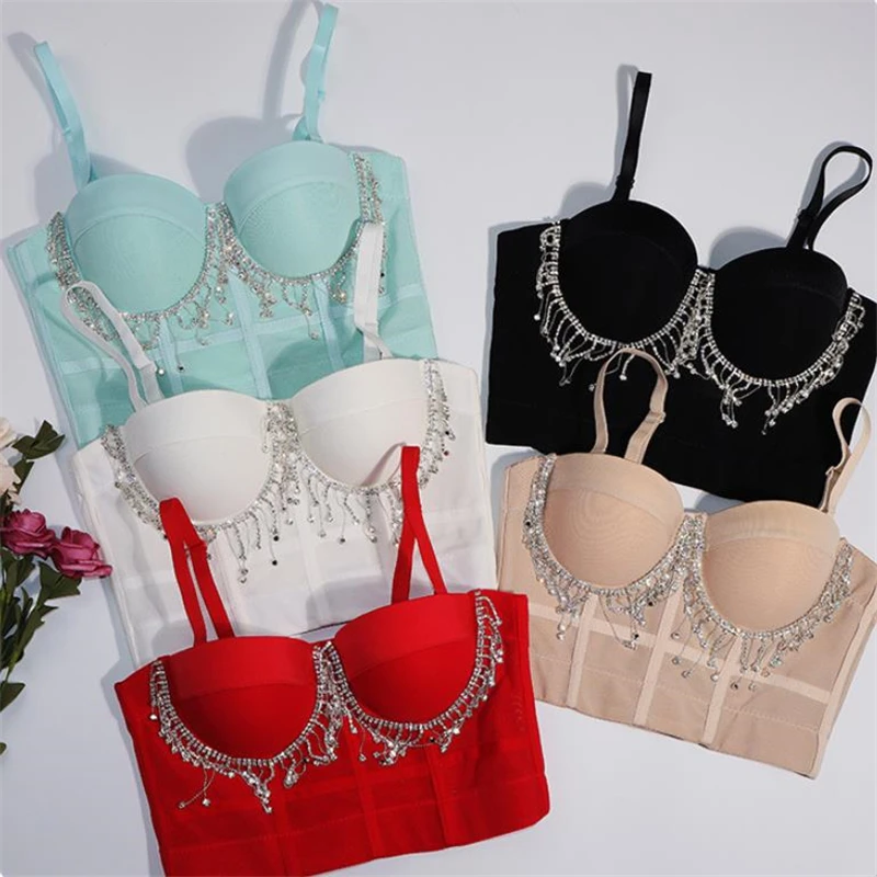 2023 New Women Camisole Top Diamond Crystal Tassels Solid Color Sexy Cropped Top Push Up Bustier Bra Night Club Party Tank Top