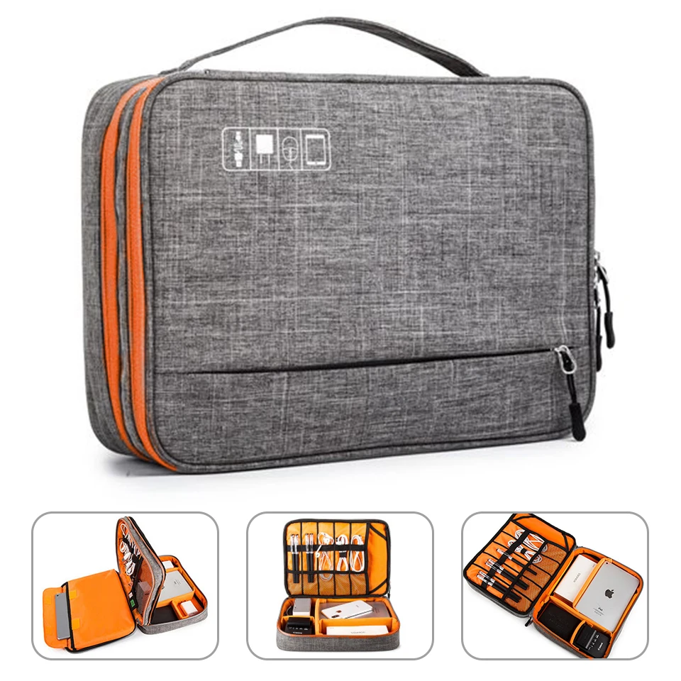 Bolsa de juego de accesorios electrónicos de doble capa, estuche organizador portátil para iPad, discos duros, Cables, h