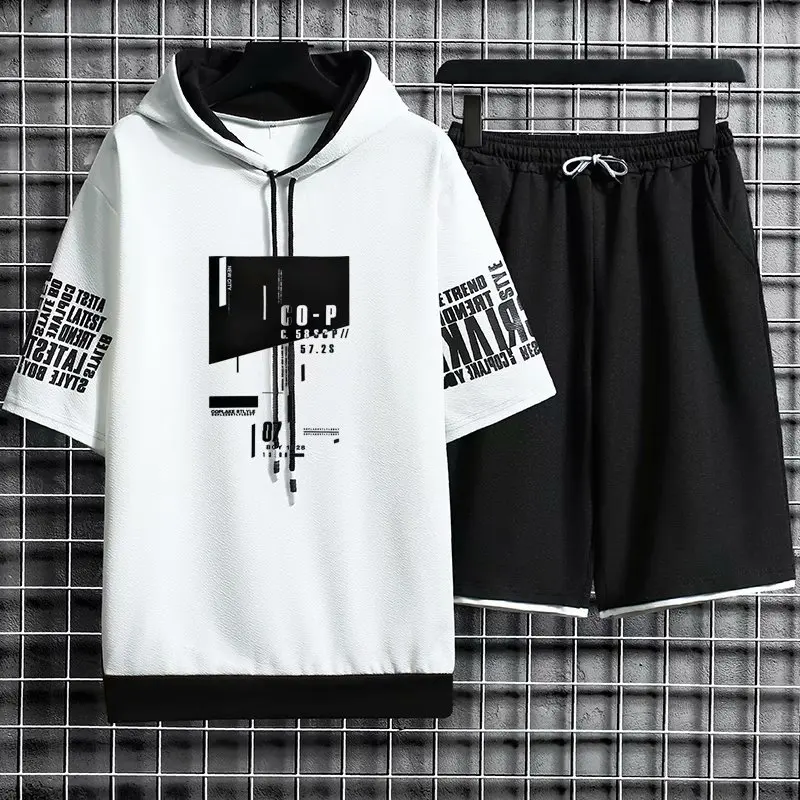 Hip Hop Men\'s Sets Streetwear Hooded Short Sleeve T Shirts+Casual Elastic Waist Shorts Fashion Men Clothing Tracksuit Men Sets