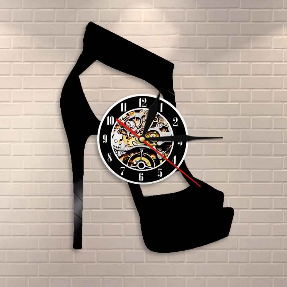 High Heeled Shoes Silhouette Shadow 3D Wall Clock Vinyl Record Wall Clock Watches Personality Fashion Wall Decor For Shoes Shop