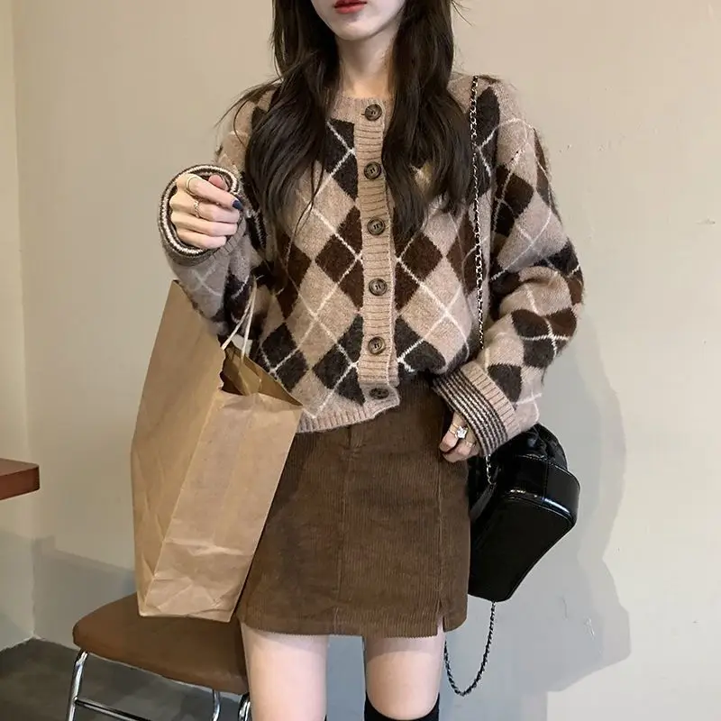 Women Kawaii Argyle Cardigans Spring Autumn American Style Harajuku Streetwear All Match Y2k Leisure Knitwear Sweaters Chic Ins