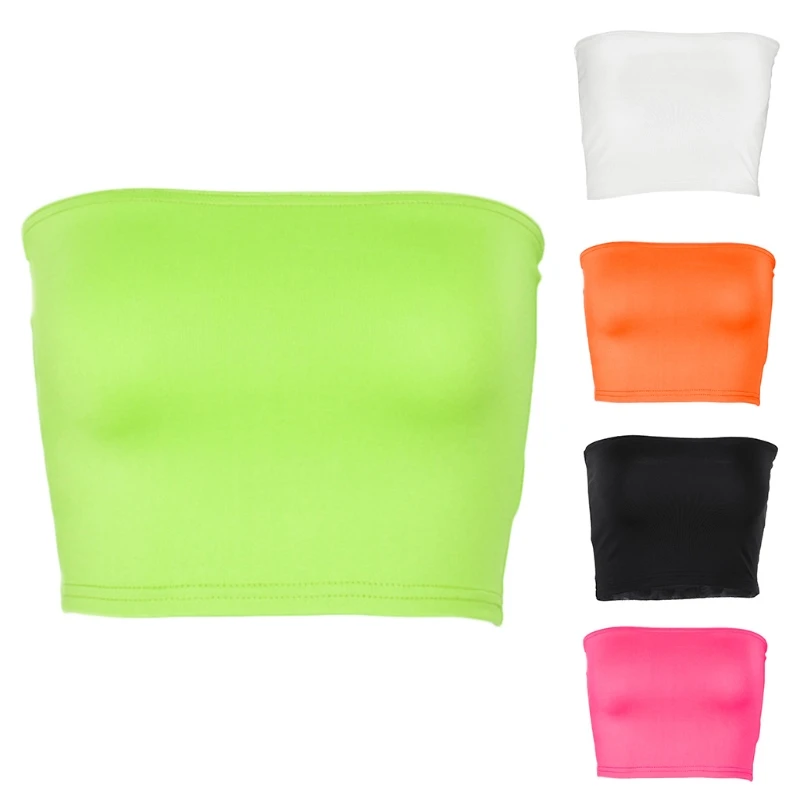 

Women Summer Sexy Strapless Cropped Tube Top Neon Solid Color Off Shoulder Bralette Basic Wrapped Chest Bandeau Bustier Party Cl