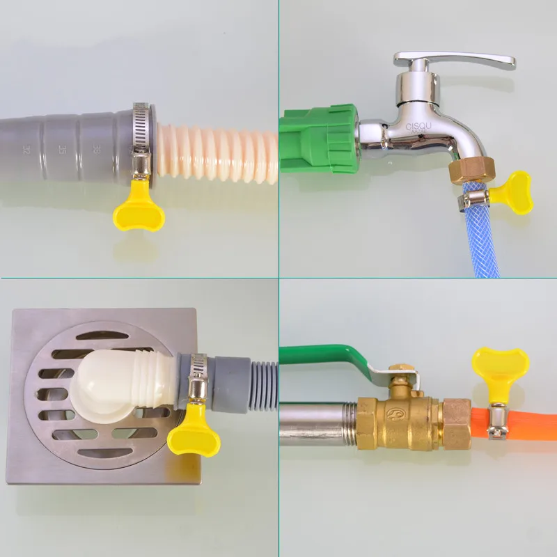 1 5 10 pcs 8-44mm Adjustable Yellow Plastic Handle Hand Twist Hose Clamps Worm Driving  201 Stainless steel Pipe Clips For Tube
