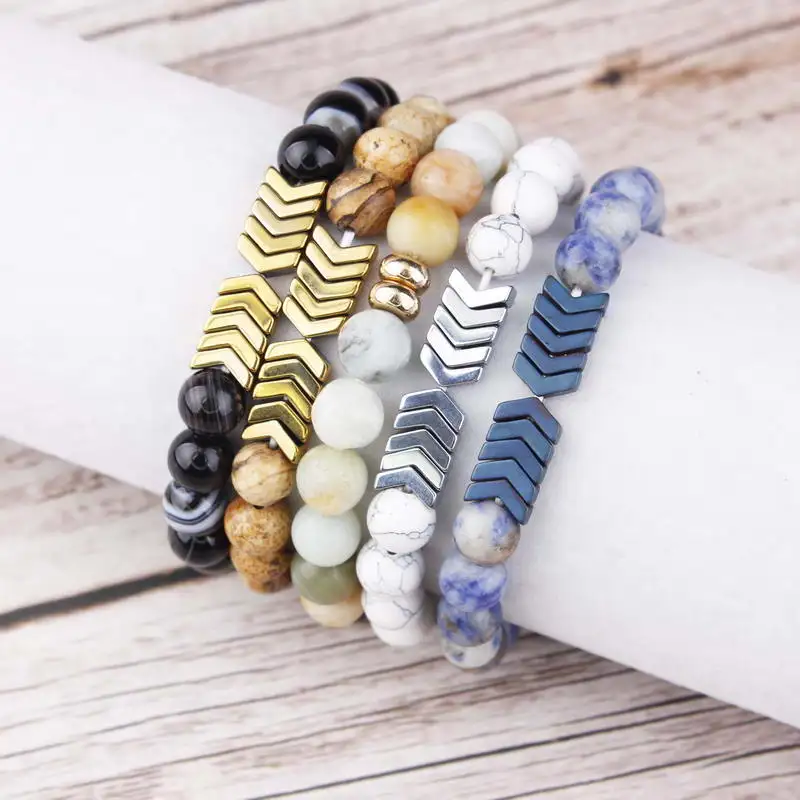 Hematite Chevron Beaded Bracelets Bangles for Women Natural Stone Balls Arrow Bracelets Jewelry Wholesale
