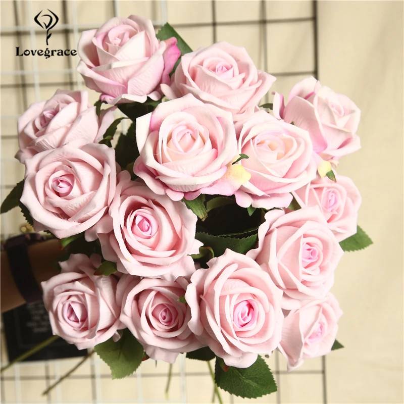 Lovegrace Single Branch Rose Flower Artificial Silk Rose DIY Bridesmaid Bouquet Flower Arrangement Champagne Home Wedding Decor