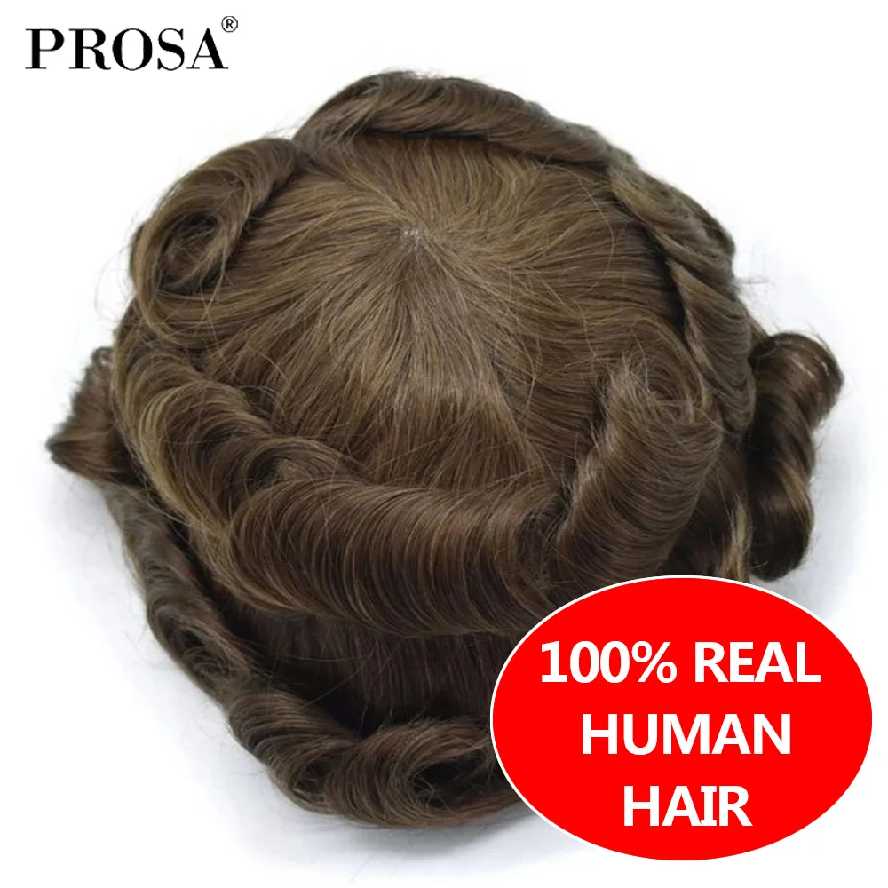 7x9 leggera onda Mono con Toupee da uomo in poli naturale parrucca naturale Super sottile sistema di capelli da uomo per uomo moda uomo Hairpiece