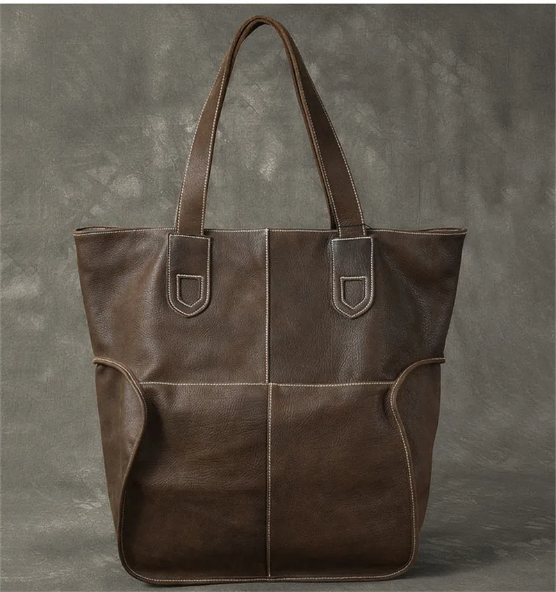 Pndme bolsa masculina de couro legítimo vintage, bolsa tote casual de alta capacidade de couro de vaca simples, bolsa de ombro de compras de luxo