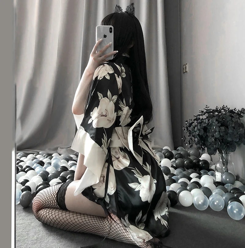 Japanese Kimono Sexy Sleepwear Cosplay Outfit for Women Traditional Style Robe Yukata Sakura Costumes Pajamas Soft Silk Belt