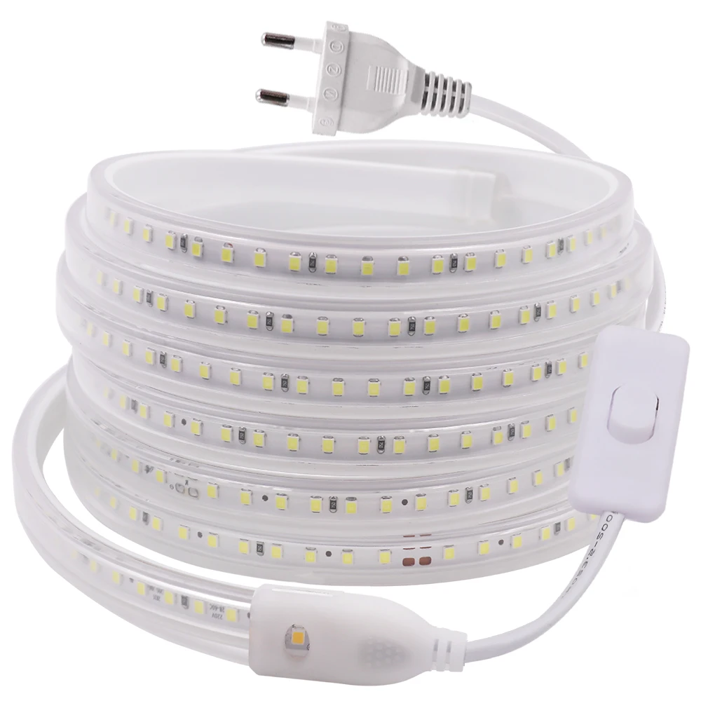 Tira de luces LED impermeable para decoración interior y exterior, 2835 V, LEDs 220/m, IP67, blanco frío/cálido/Azul, cinta Flexible, lámpara de luz