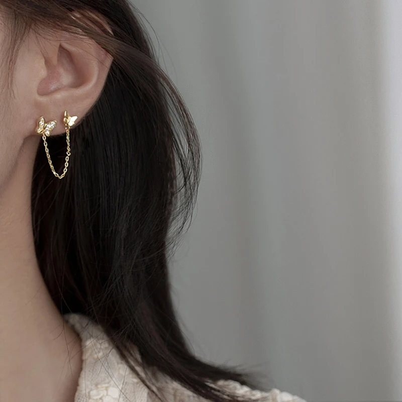 ANENJERY Butterfly Stud Earrings for Women Double Ear Hole Tassel Chain Earrings Jewelry
