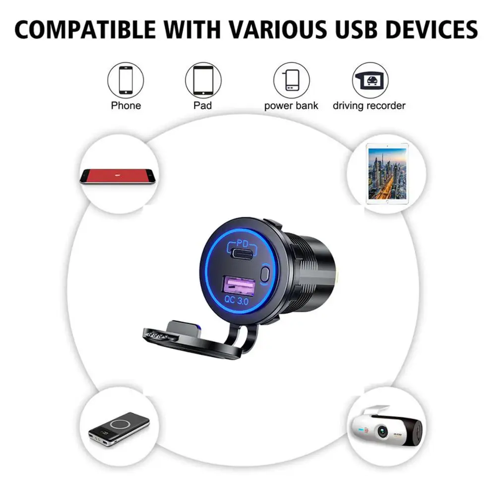 Waterproof 12V 24V QC3.0 USB Type C PD Fast Car Charger with Power Switch for Truck Motorcycle Marine Boat SUV ATV Cellphone