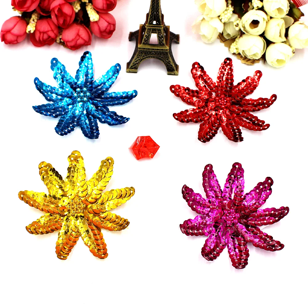 10 Pcs Sequined Flower Applique Gold And Silver Sewing Flower Beads Embroidery Patches 7*7cm