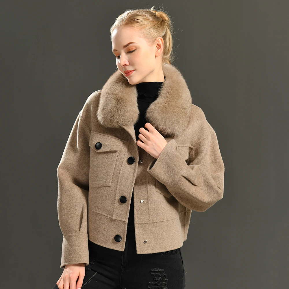 Jxwatcher Cashmere Wool Coat with Big Real Fur Collar Winter Jacket Pocket Full Sleeves Women Cropped Wool Outerwear Streetwear