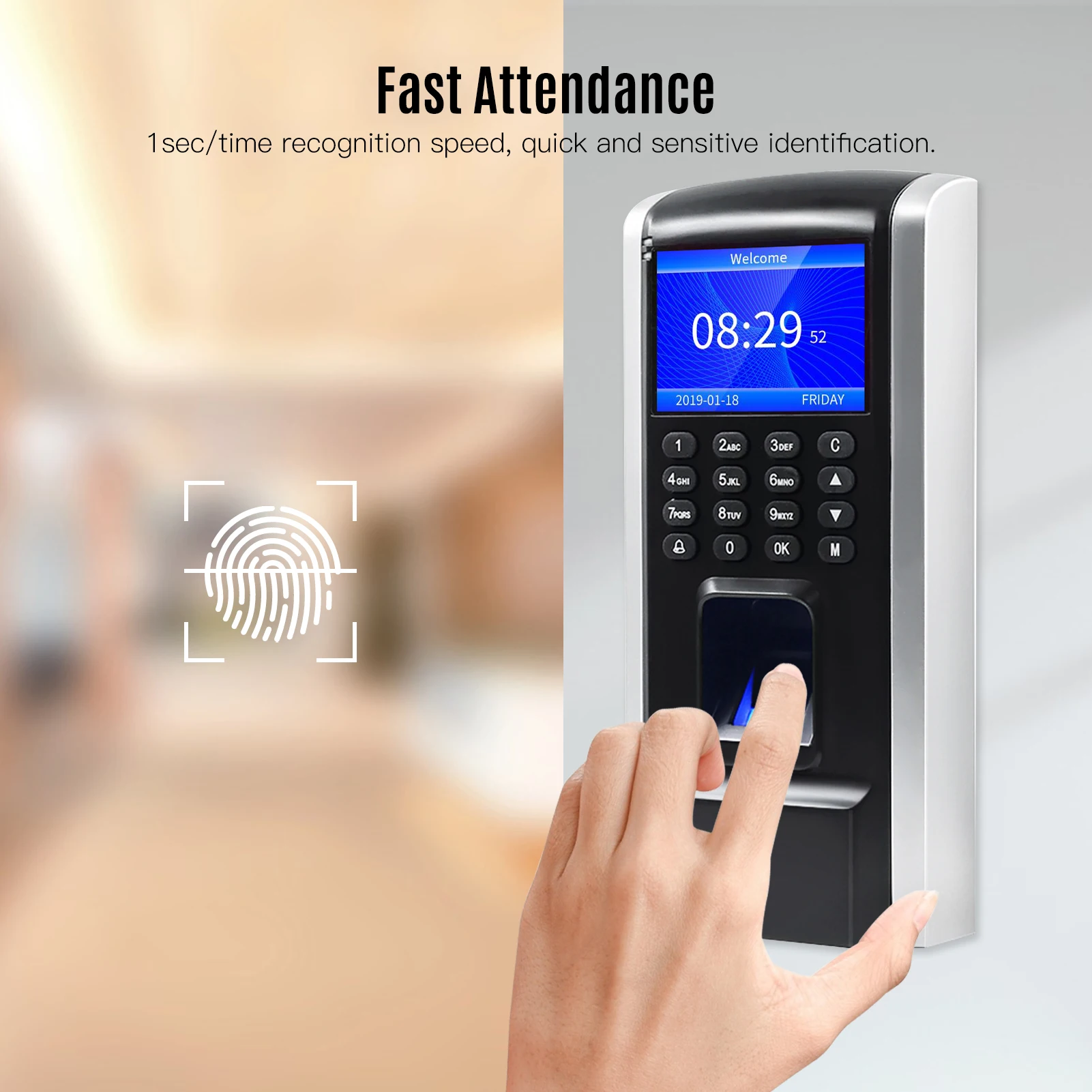 Fingerprint Access Control Time Attendance Machine Biometric Time Clock Checking-in Recorder Fingerprint/Password Recognition