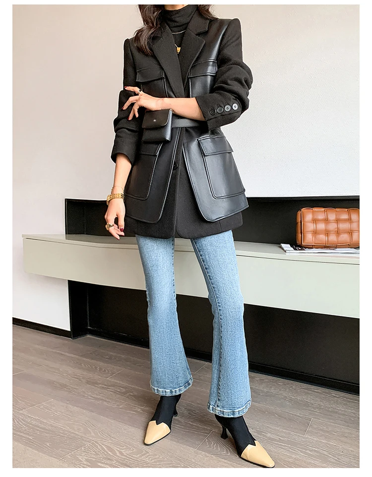 Nerazzurri Autumn Black Wool Blends Patchwork Leather Jacket Women with Many Pockets Long Sleeve Korean Fashion Streetwear 2022