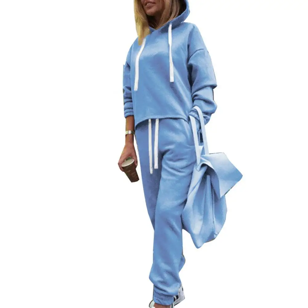 

2Pcs/Set Sports Women Solid Color Drawstring Hooded Sweatshirt Pants Tracksuit