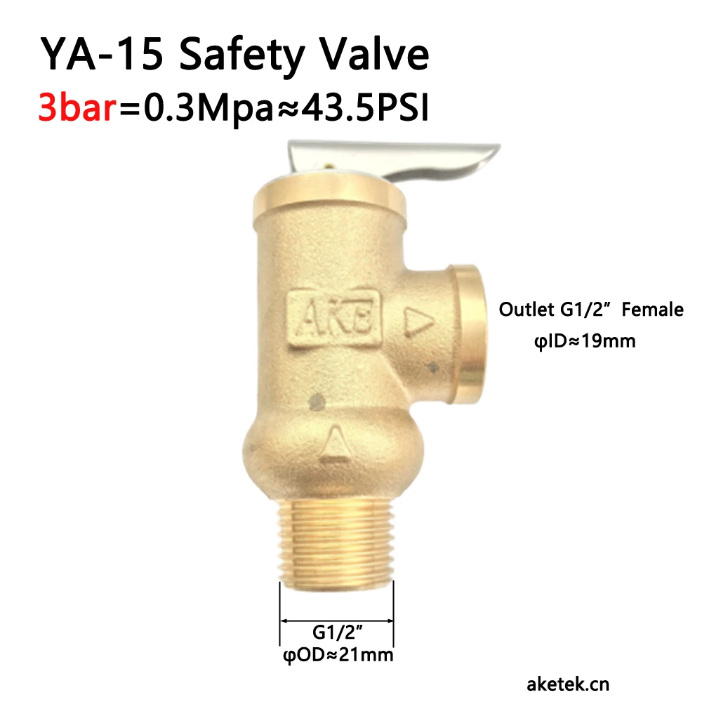 

3Bar Pressure Relief Valve 0.3Mpa Safety Valve YA-15 DN15 G1/2" for Water Heater Solar Eletrical