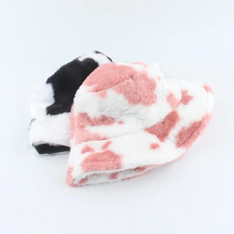 2021 New Fashion Korean Pink Cow Print Bucket Hat Faux Fur Winter Hats For Women Warm Plush Fisherman Caps image 2