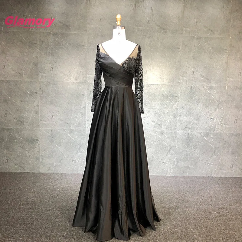 2021 Fashion New Style Deep V Neck Long Sleeves Prom Handmade Beading Evening Dress For Ladies