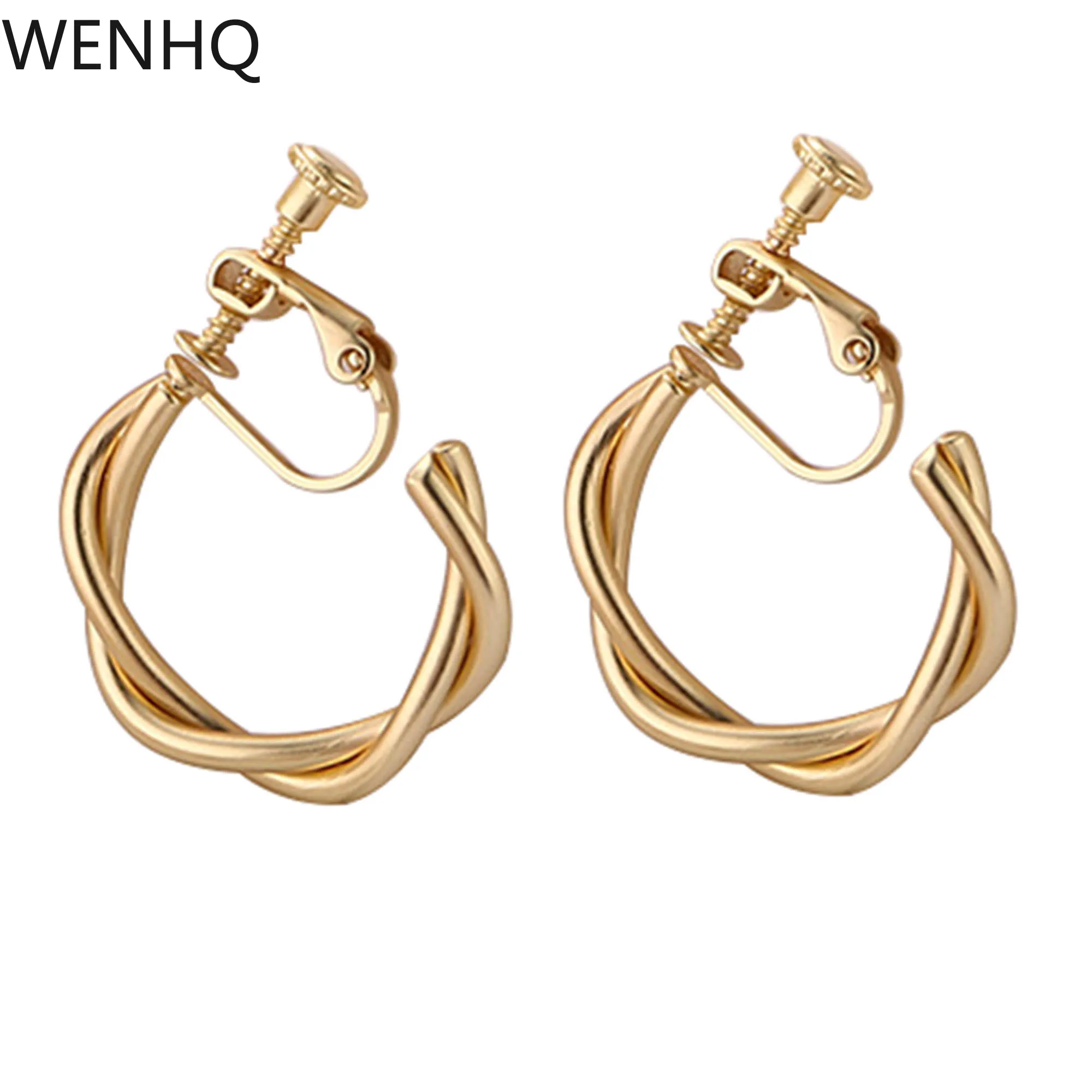 WENHQ New Gold Color Hoop Clip on Earrings Fashion C Shape Cuff Earrings Geometric Round No Pierced Screw Ear Clip Jewelry Gift