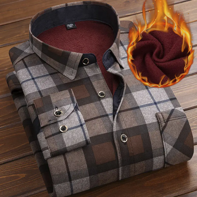 Autumn Winter Thicken Fleece Shirt Men Business Plaid Shirt Long Sleeve Warm Clothes Turn Down Collar Button Up Shirts Classic