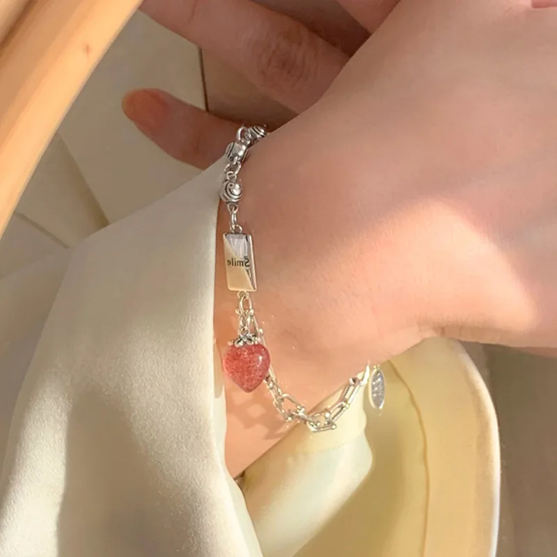 Foxanry Silver Color Bracelet for Women New Trendy Elegant Creative Good Luck Pink Strawberry Party Jewelry Birthday Gift