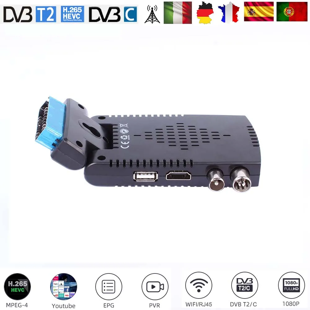 HD Digital H.265 DVB-T2 DVB-C TV Tuner Spain TDT Italy/Germany/France Europe Terrestrial TV Receiver Support Youtube EPG PVR