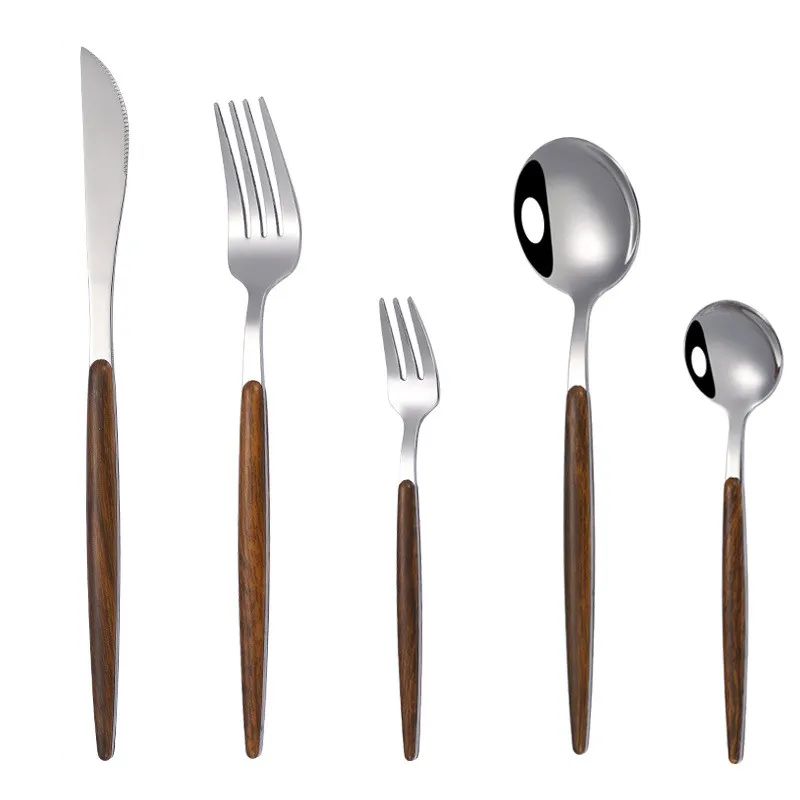 30Pcs Stainless Steel Dinner Gold Imitation Wooden Handle Dinnerware Knife Coffee Spoon Fork Cutlery Set Tableware Silverware