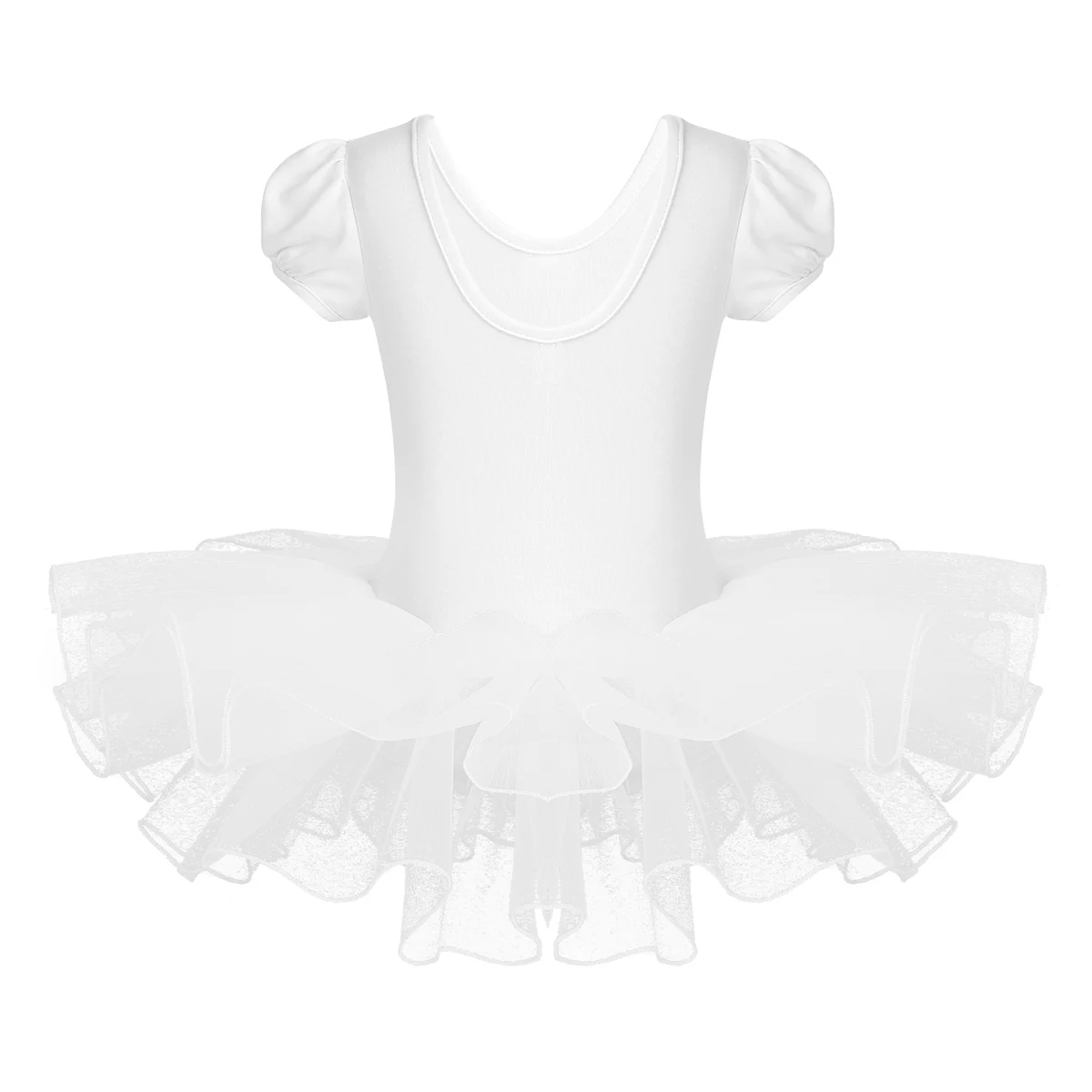 Child Girls Short Bubble Sleeves Gymnastics Leotard Ballet Dance Tutu Dress Mesh Sparkly Rhinestones Ballet Dance Costume