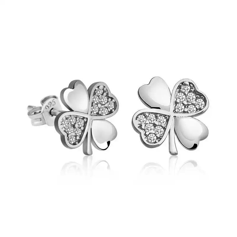 Silver Clover Earrings Zircon Stone 925 Sterling Women for Jewelry Wedding Party Birthday Gift - Box - Fashion