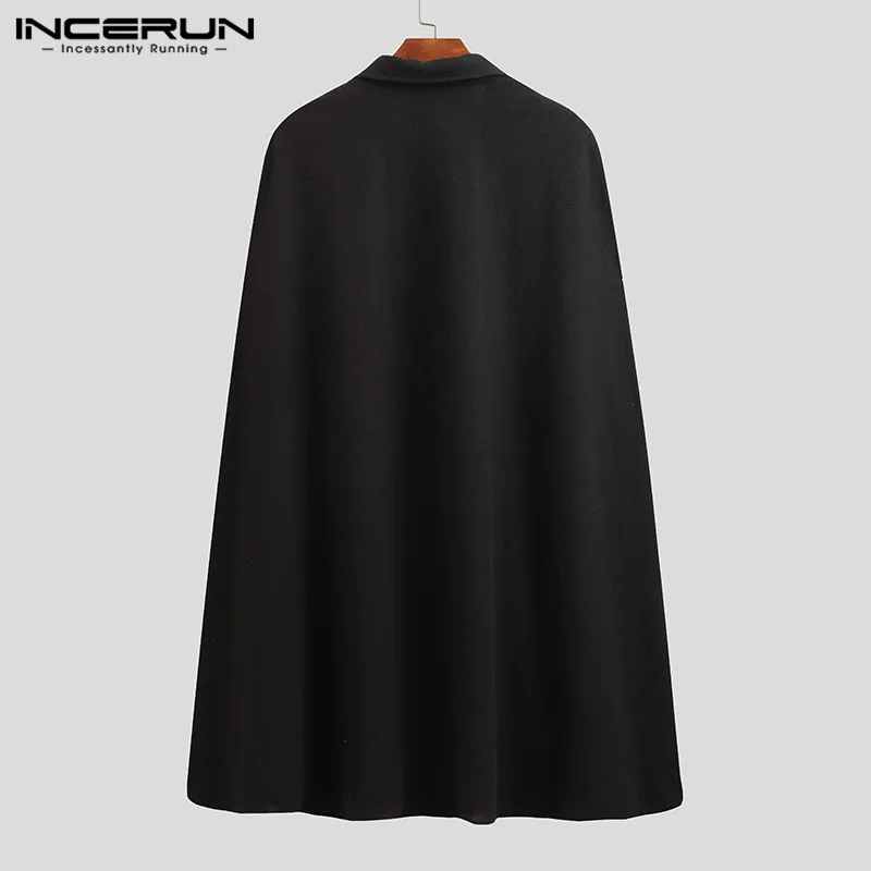 INCERUN 2023 Fashion Men Cloak Coats Solid Color One Button Lapel Cape Trench Streetwear Winter Faux Blends Overcoat Men Jackets