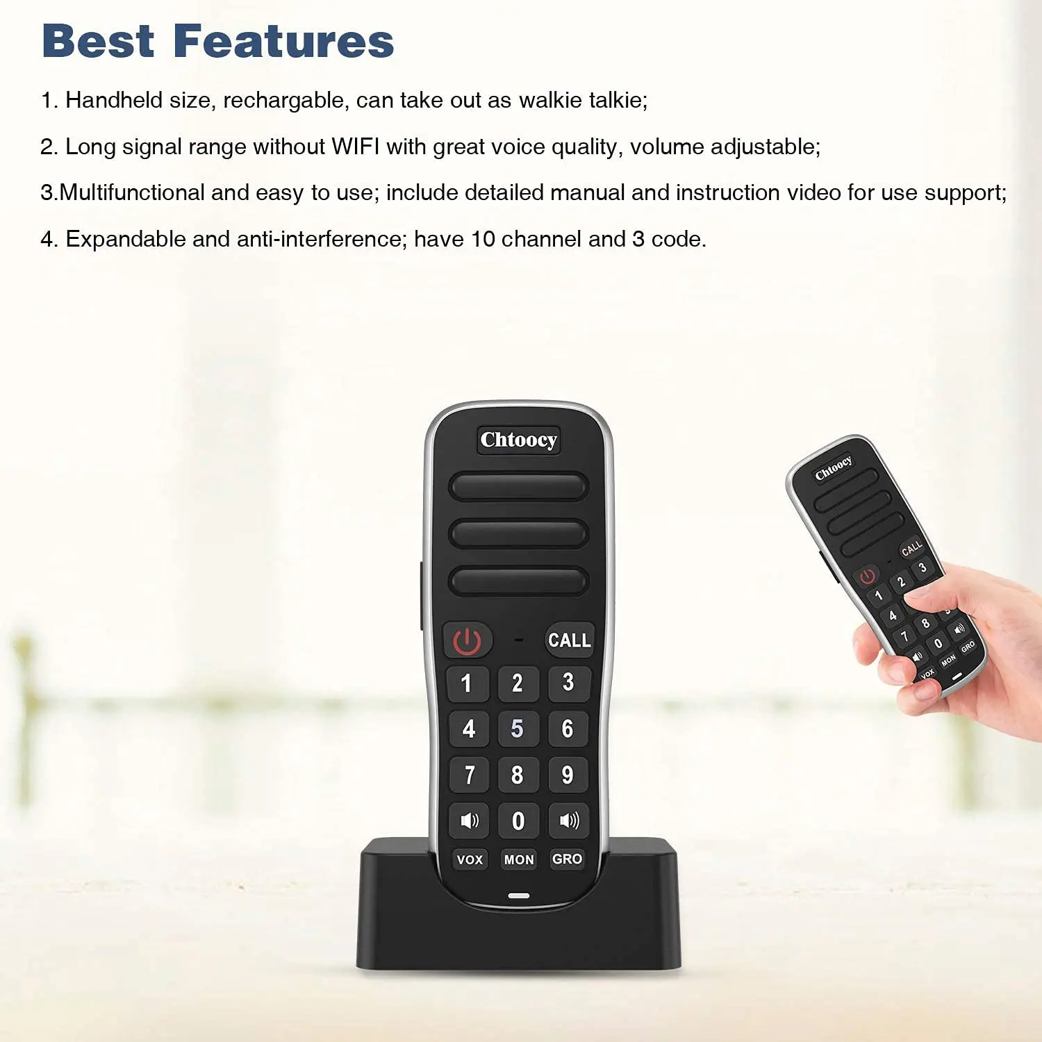 Chtoocy 1Mile Range Talking 10-Channel Call ALL Handheld Wireless Rechargeable Intercom System for Home House Business Offices