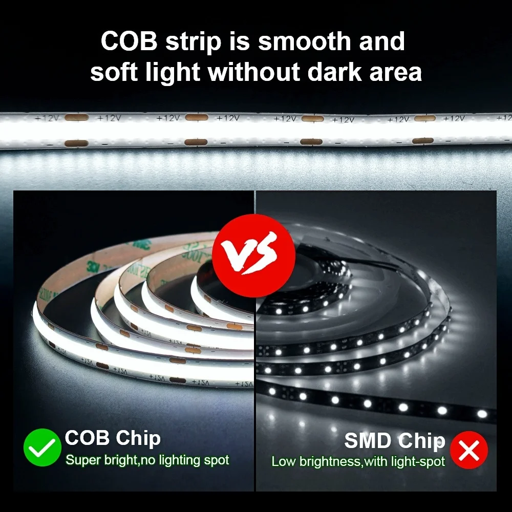 COB LED Strip CRI 90 High Brightness 10mm 320 480 LEDs Cuttable LED Light  Ribbon Warm Cold White Light Ribbon for Room TV Decor