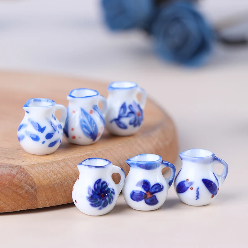 6pcs 1/12 Scale Dollhouse Miniature Mini Porcelain Blue Print Milk Pots Teapot Water Cups Set Dolls Room Furniture Decoration