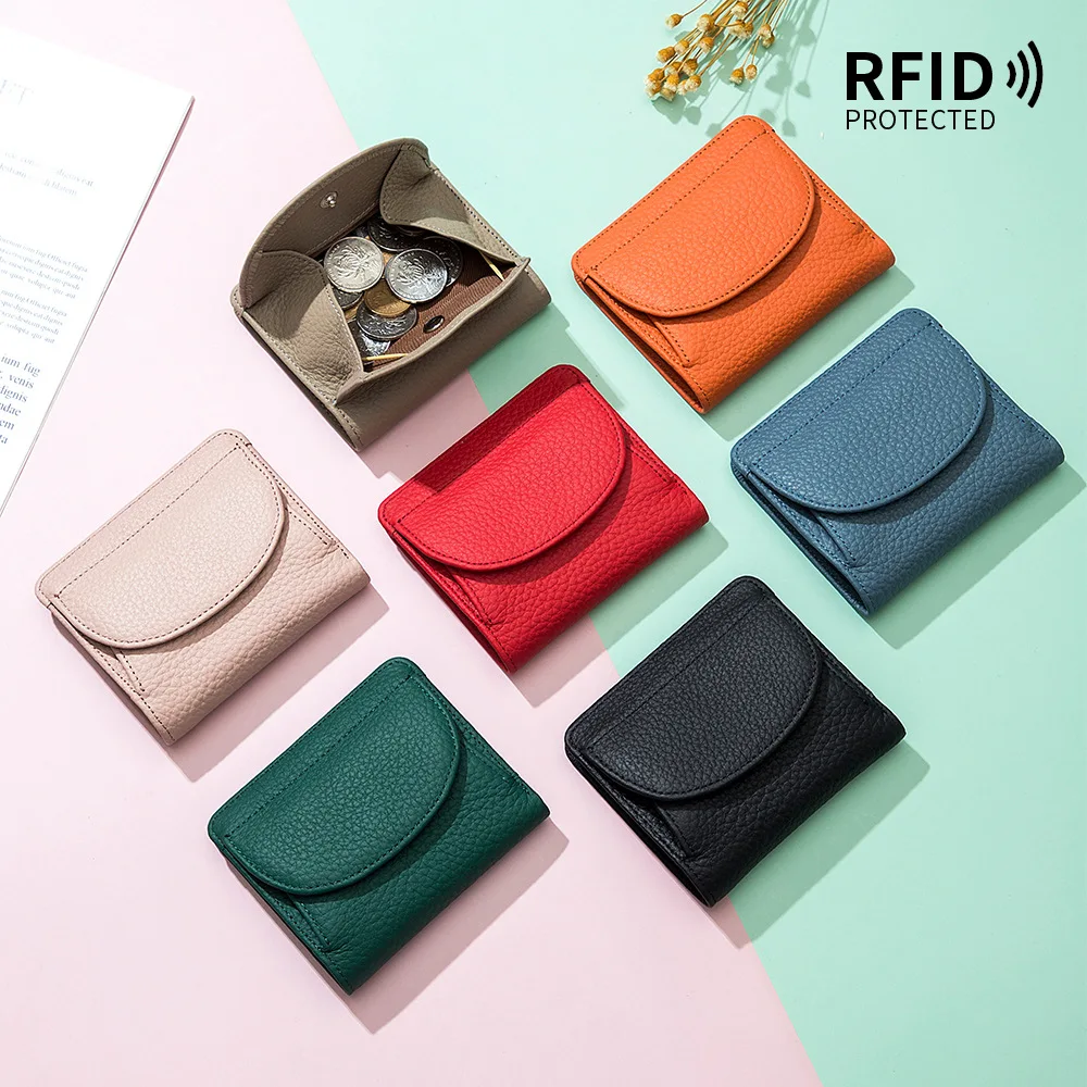 Cartera de mano de piel auténtica para mujer, monedero pequeño y corto, cartera suave con tarjetero, de diseñador de marca