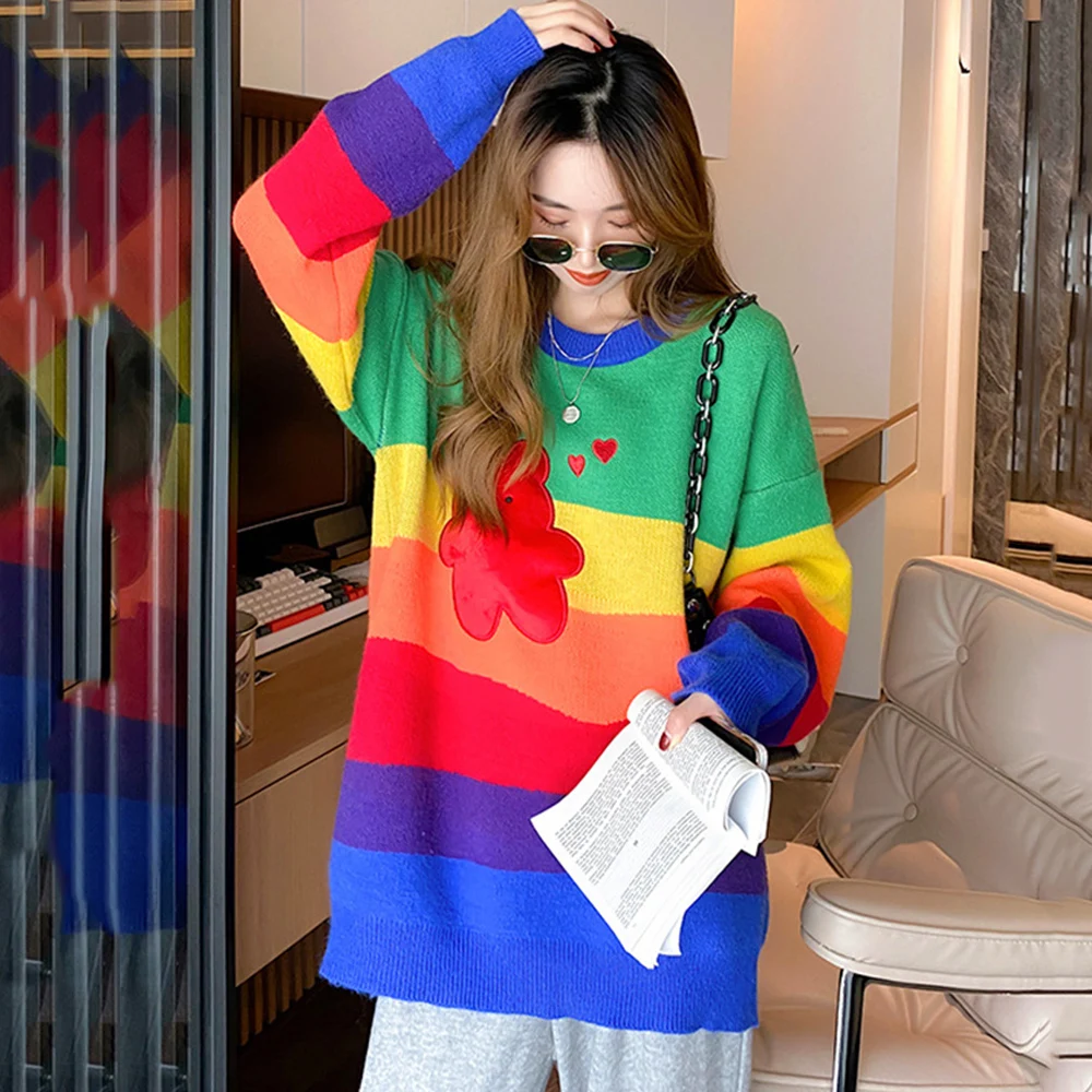 Rainbow Stripes Print Bear Sweater Women Hip Hop O-neck Knitted Pullover Jumper Streetwear Loose Knitwear Sweaters 2022