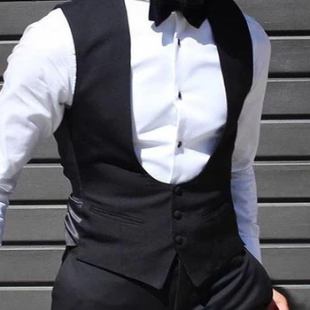 Black Men Vest for Wedding Groom One Piece Slim Fit Suit Waistcoat Solid Color Male Fashion Coat 5